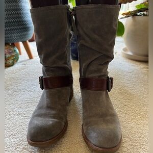 Sofft Gray Suede Moto Boots with Brown Straps - Sz 6M